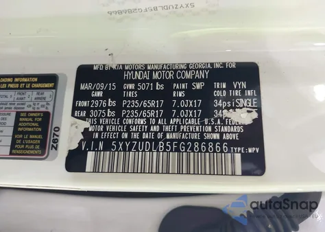 2015 Hyundai Santa Fe Sport 2.4L z USA, uszkodzony, nr VIN 5XYZUDLB5FG286866